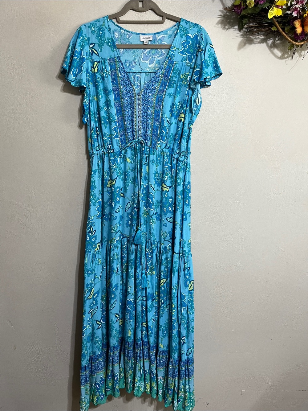 Avenue Turquoise Floral Maxi Dress with V-Neck and Tie Waist